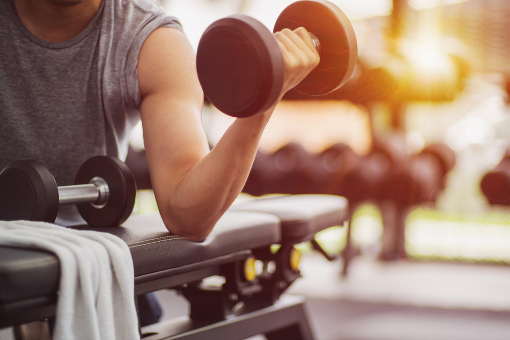 person doing bicep curls holding a weight at a gym